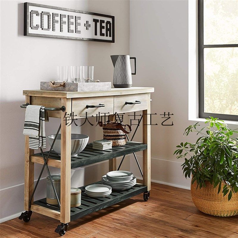 北欧厨房料理中岛台微波炉柜移动切菜台吧台家用开放式实木餐边柜