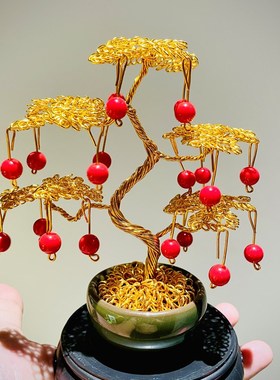 纯手工艺编制迷你发财树创意造型车载装饰摆件摇钱树桌面客厅招财