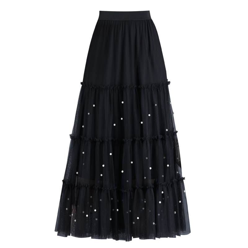 纱裙仙女裙春款女装2021年新款半身中长高腰秋冬a字蛋糕长裙钉珠