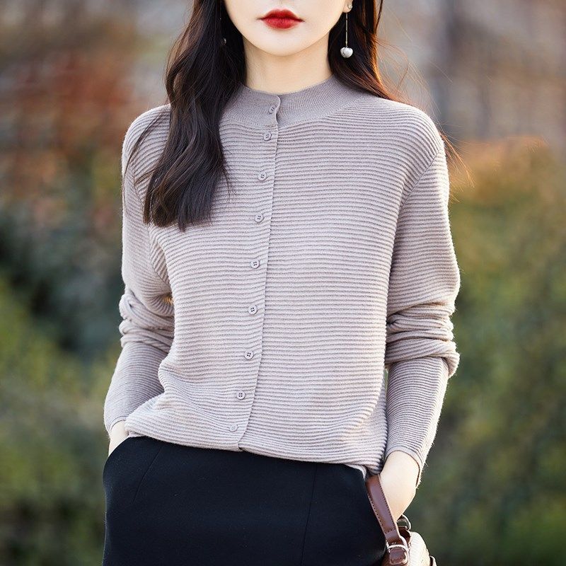 半高圆领条纹拼色精纺羊毛开衫女春秋长袖针织衫外套毛衣宽松外搭,女装/女士精品,毛针织衫,淘宝优惠券,粉丝福利购,淘宝优惠卷