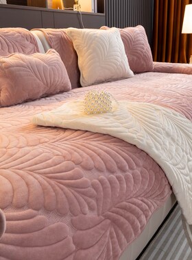 复古橙色秋冬款水晶绒沙发垫绣花客厅沙发套罩巾加厚防滑沙发盖布