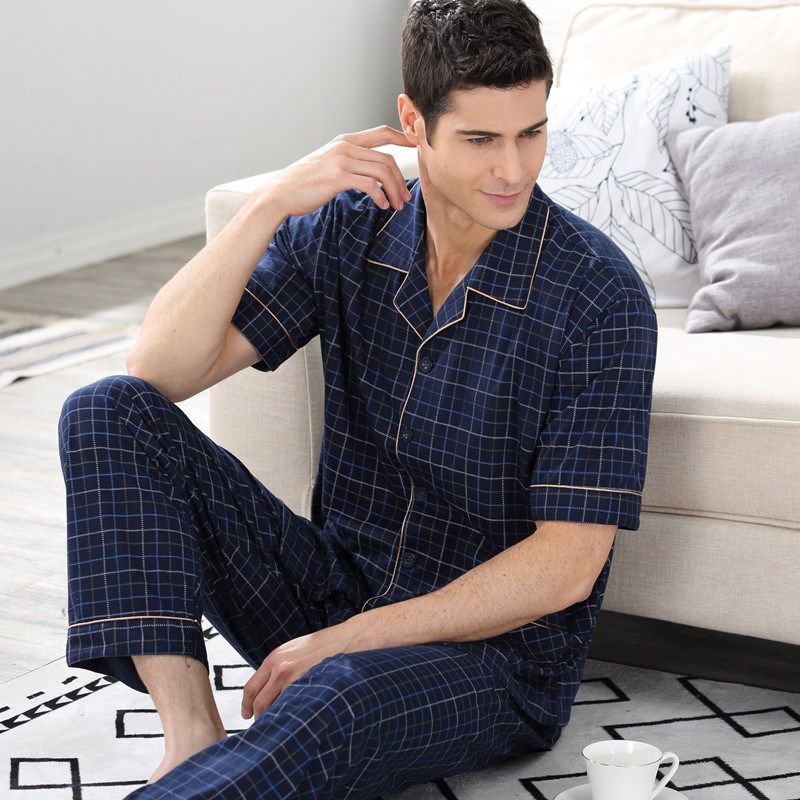 新款睡衣男夏纯棉薄款短袖长裤套装休闲宽松青年中老年家居服包邮