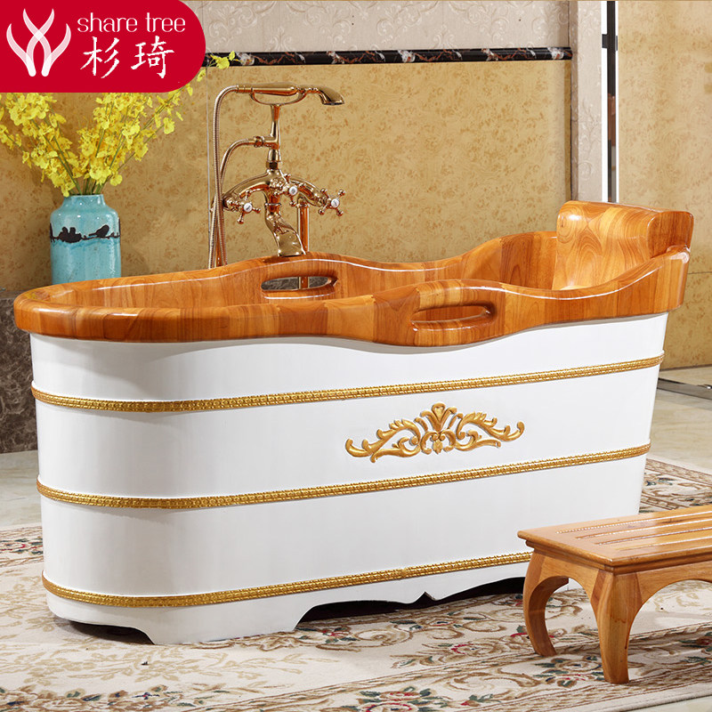 杉琦欧式雕花泡澡桶橡木成人木桶浴缸家用大人洗澡桶全身沐浴盆