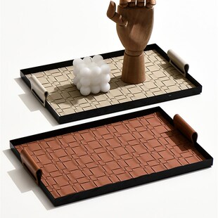 小西家北欧轻奢编织纹皮革铁艺托盘客厅茶几杂物收纳盘装饰摆盘