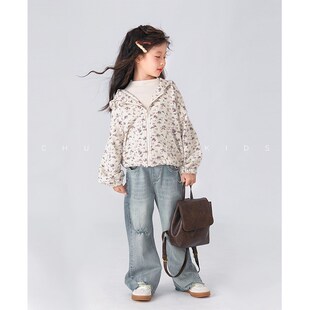 初羽家童装春季裤子2025新款女童直筒长裤儿童宽松复古做旧牛仔裤