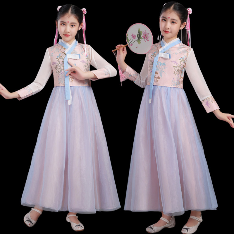 儿童中式礼服女童古筝演出服中国风连衣长纱裙二胡琵琶舞台表演服