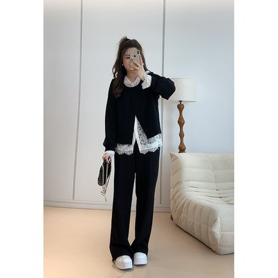 【胖佳佳】蕾丝乐章 连帽蕾丝打底外套直筒长裤三件套H624Z16036