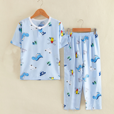 夏季绵绸儿童短袖长裤睡衣套装纯棉绸男女童小孩宝宝睡衣薄款家居