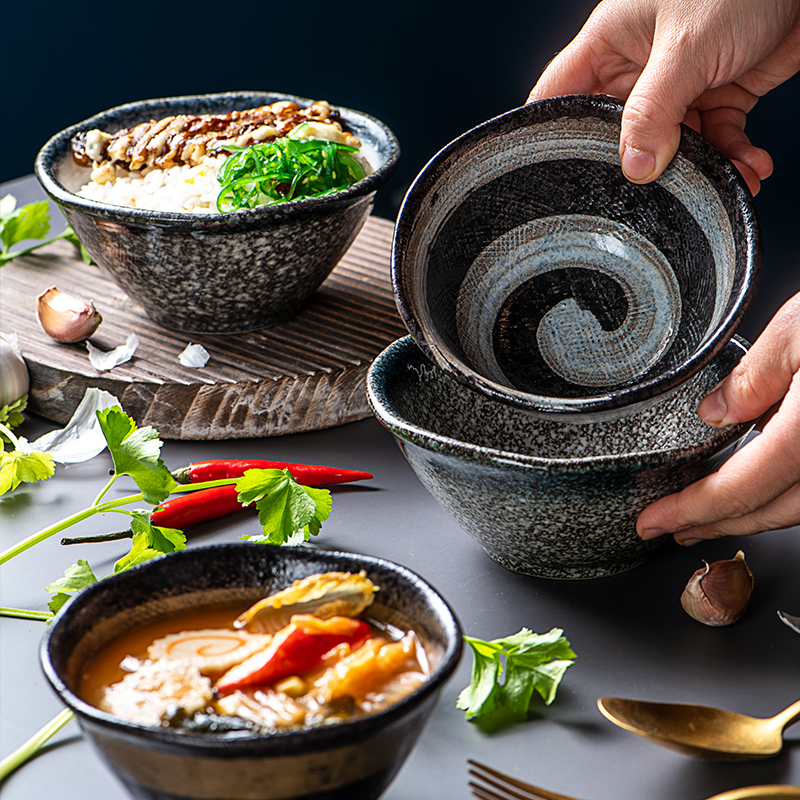 日式家用陶瓷米饭碗面碗汤碗甜品碗韩式雪冰碗创意复古餐具斗笠碗