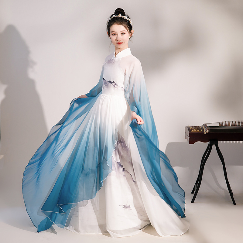 定制女童古筝演出服中国风艺考民乐演奏汉服水墨千里江山儿童礼服