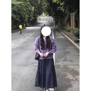 2024秋季新款温柔风甜美紫色针织开衫毛衣+碎花半身长裙时尚套装