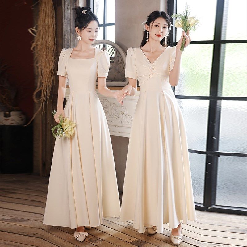 香槟色缎面伴娘服2024新款春季姐妹团晚礼服裙女气质显瘦平时可穿