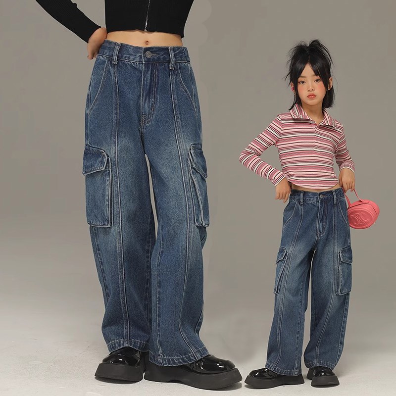 女童牛仔裤儿童春秋款宽松直筒长裤百搭休闲裤女孩个性耐磨工装裤