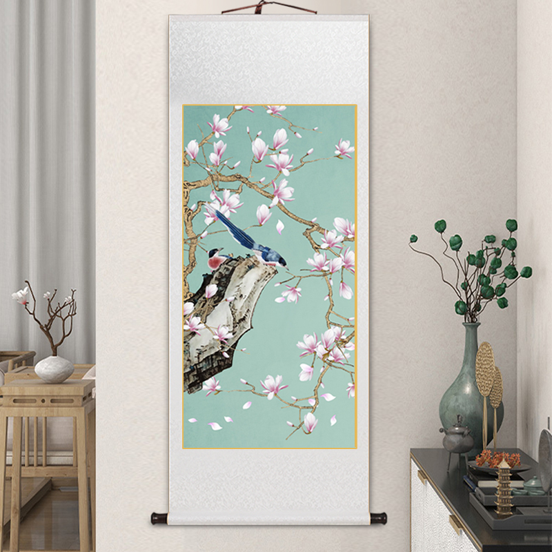 竖版玄关画新中式花鸟卷轴挂画客厅装饰画古风茶室书房背景墙壁画