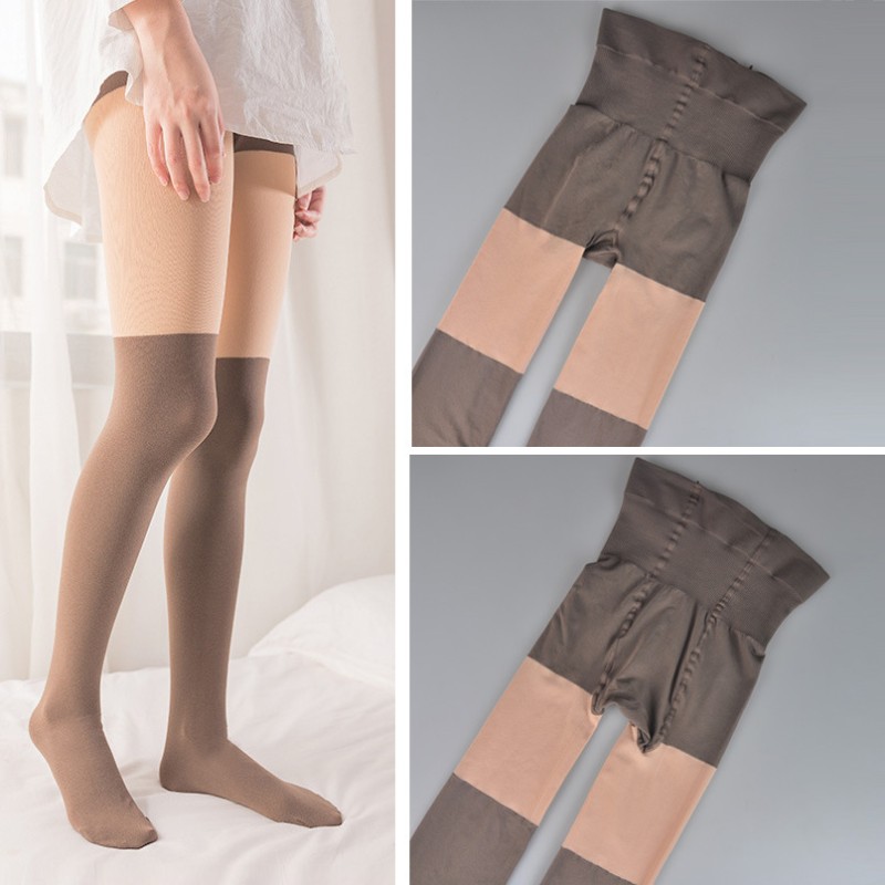 秋冬双色两截打底裤假大腿光腿拼接神器连裤袜子过膝JK女小腿丝袜