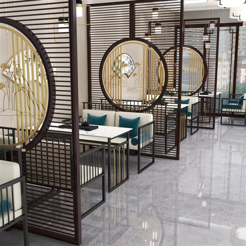 茶楼禅意茶桌椅组合新中式卡座民宿酒店包厢沙发铁艺茶餐厅沙发椅