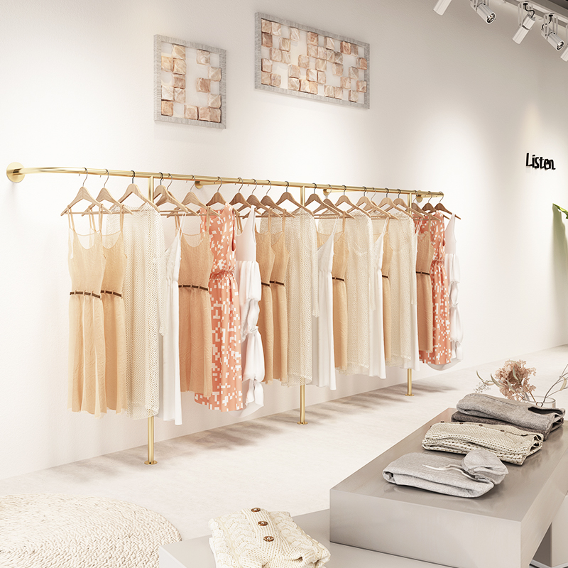 金色服装店展示架上墙壁挂式挂衣服杆子靠墙组合悬挂女装店货架