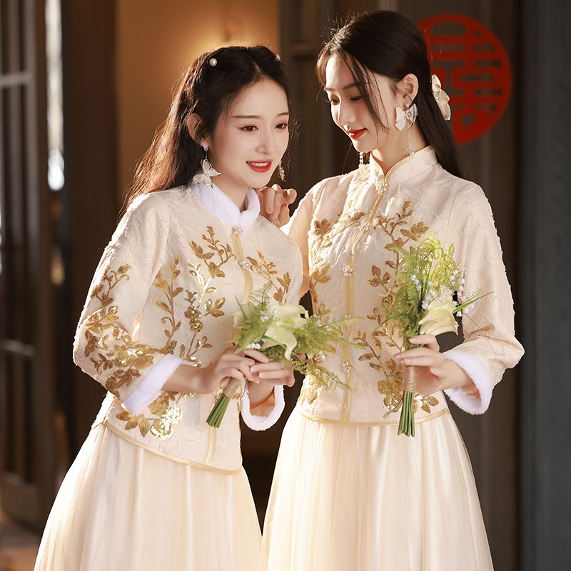 中式伴娘服女2024秋冬新款姐妹团礼服小个子高级感旗袍秀禾伴娘裙