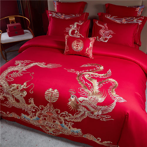 高档中式180支婚庆四件套大红龙凤全棉喜被纯棉婚房结婚床上用品4