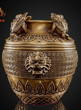 纯铜聚宝盆四方纳财金蟾招财缸日进斗金坛子家居财位钱罐摆件礼品