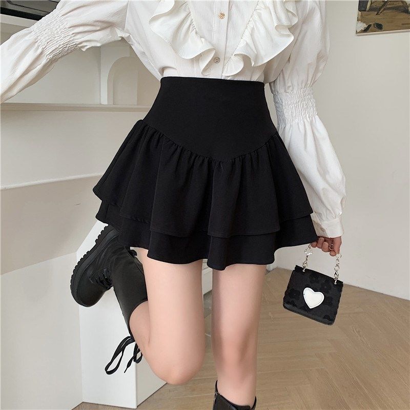 黑色蓬蓬荷叶边半身裙女高腰显瘦西服蛋糕裙大码百褶裙a字短秋冬