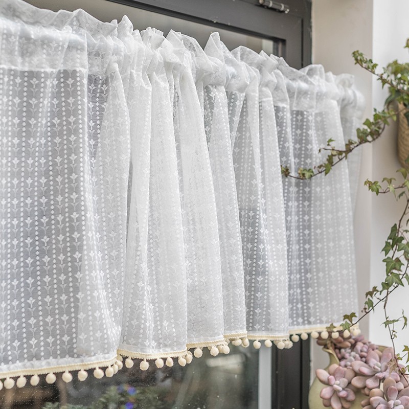 美式咖啡帘短帘门帘布艺半帘蕾丝田园小飘窗帘白色窗纱帘厨房隔断