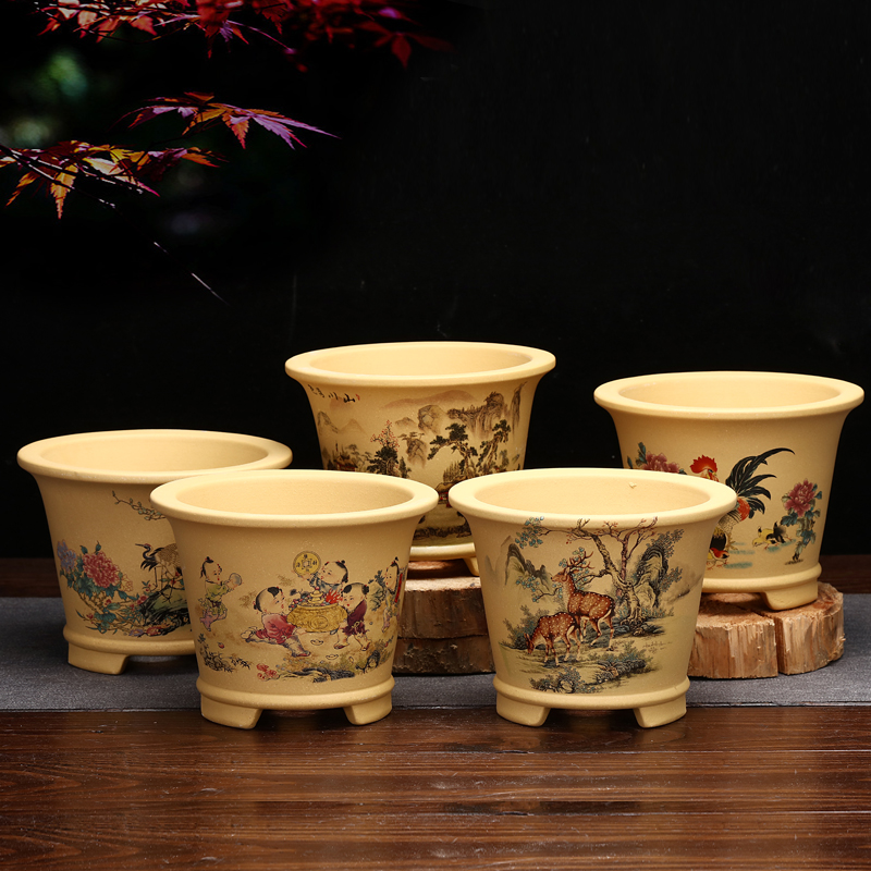 宜兴精品花器紫砂肉肉花盆小口径发财树文竹老桩桌面绿植家用包邮