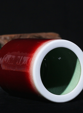 景德镇陶瓷器仿古郎红釉笔筒时尚办公室书房装饰摆件教师礼品大号