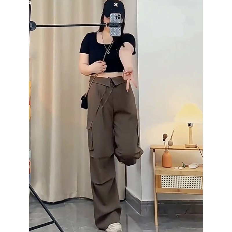 300斤大码女装美式棕色工装裤女夏季胖妹妹宽松显瘦休闲阔腿裤子