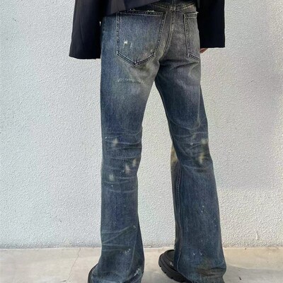 Baseplate 油污脏染破坏水洗做旧立体猫须休闲微喇叭冰蓝色牛仔裤