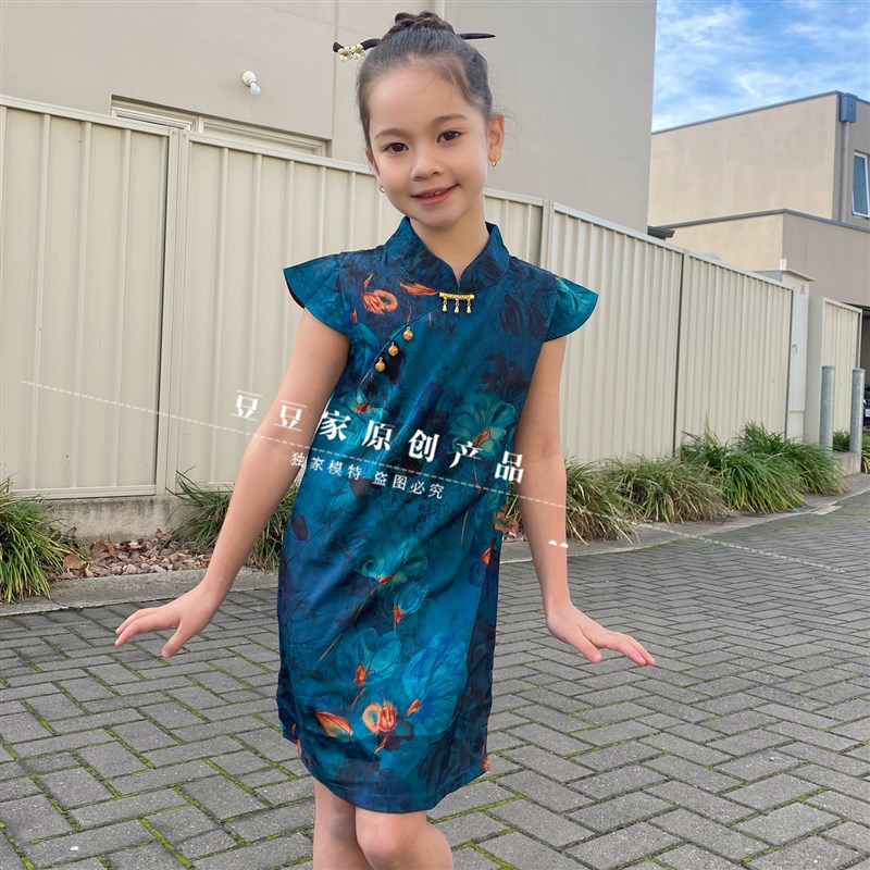 女童国风碎花旗袍裙2024夏款中大童新中式复古连衣裙水墨画公主裙
