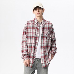 2024秋冬季新款磨毛复古格子长袖衬衫男女宽松日式工装衬衣外套潮