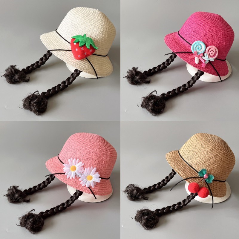 儿童遮阳帽子女童夏天草帽宝宝防晒沙滩帽太阳渔夫假发辫子凉帽