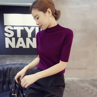 半高领短袖打底衫女春秋款2024新款中袖针织衫薄款修身五分袖上衣