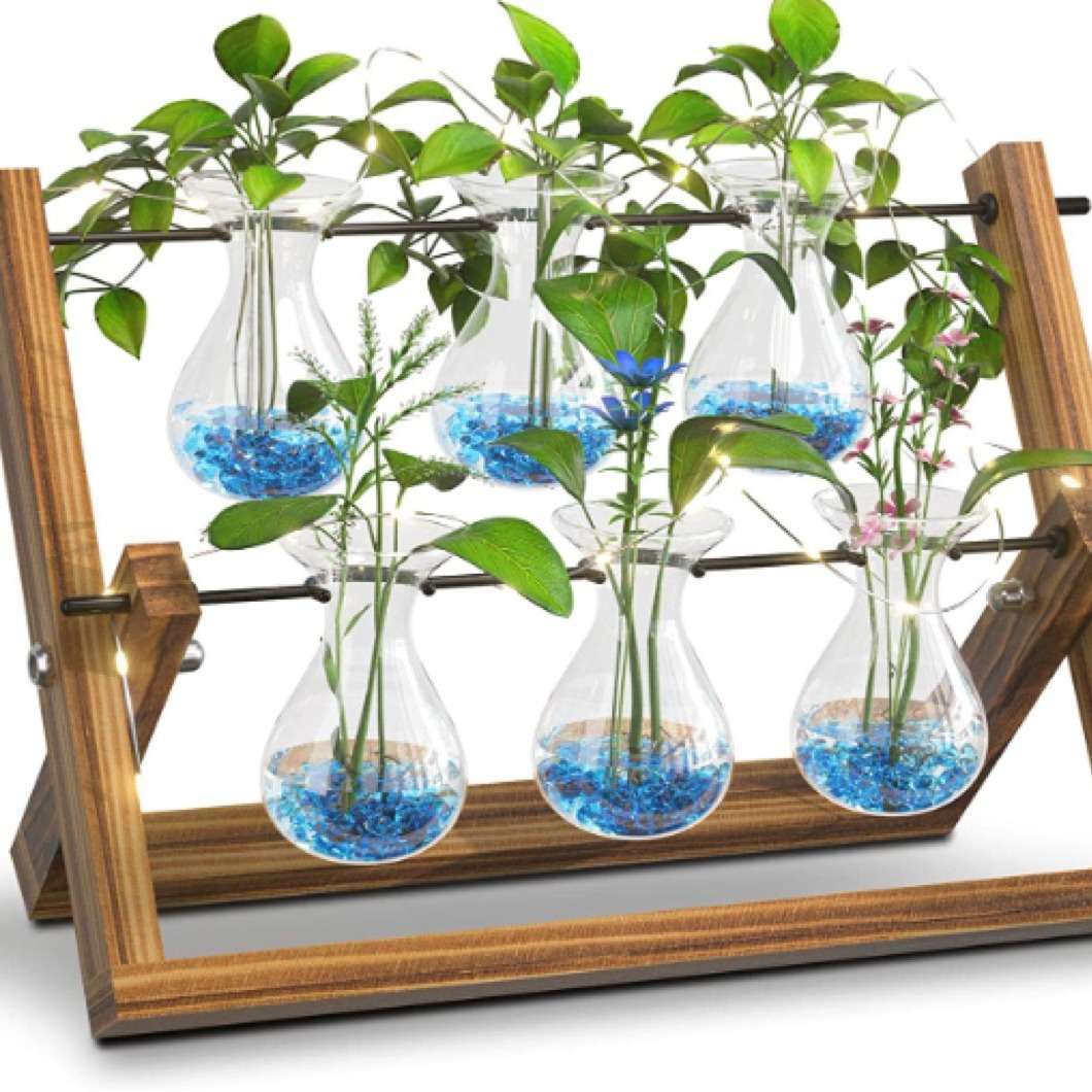 双层水滴木架花瓶家居水培植物插花器水养绿萝花盆桌面办公桌摆件
