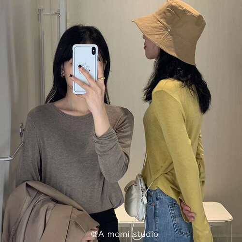 女式针织衫春秋打底衫女纯色宽松圆领长袖t恤AMOMI全民女友衣时尚