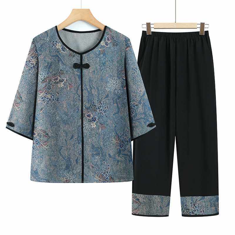 奶奶装夏季t恤两件套妈妈装中老年人春装薄款七分袖套装老人衣服