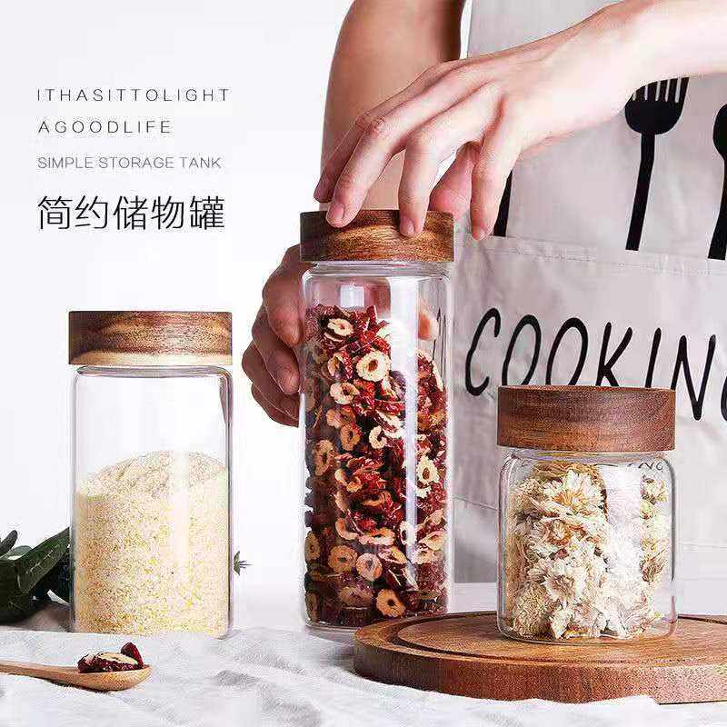 玻璃相思木罐螺纹口储物罐透明茶叶储藏罐食品干果厨房螺纹玻璃罐