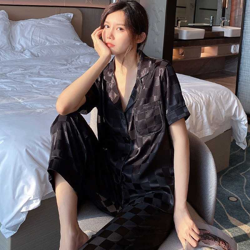 方格夏季冰丝睡衣女士大码高级感开衫时尚休闲短袖长裤家居服套装