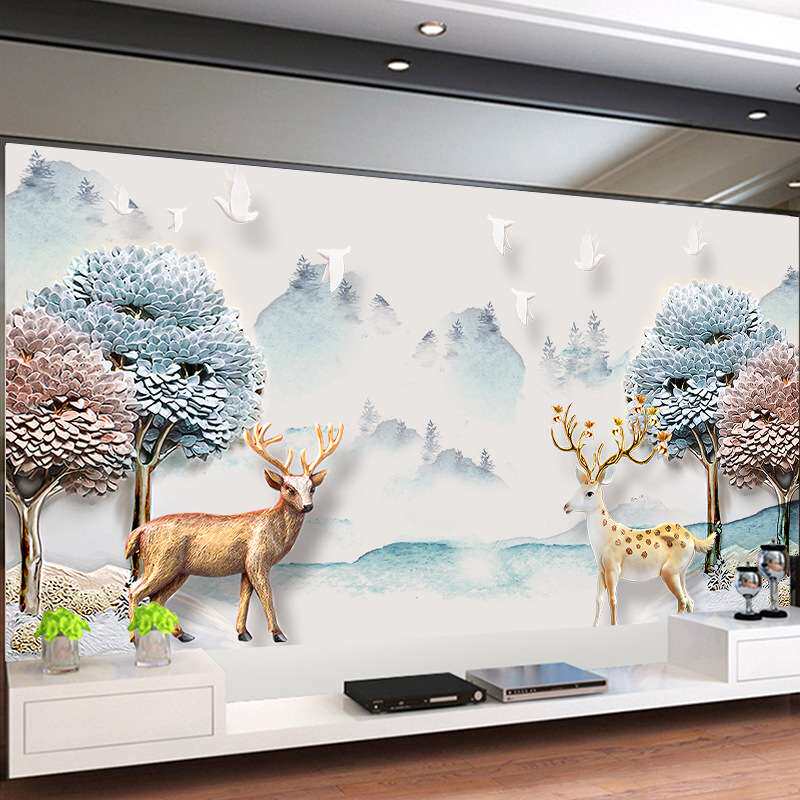 北欧森林麋鹿墙纸梦幻空间壁画客厅卧室电视背景整张墙纸壁纸