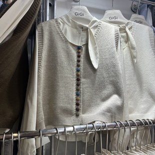 一整套穿搭高级感时尚针织彩扣马甲女气质娃娃领简约显瘦衬衫套装