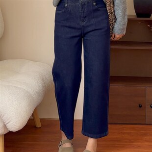 秋冬季加绒加厚牛仔裤女微胖mm大码宽松显瘦梨型身材九分直筒裤