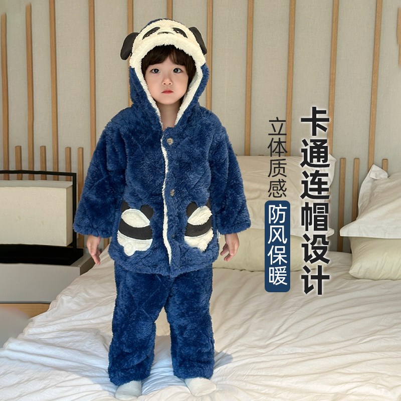 男童睡衣冬款加厚款儿童家居服珊瑚绒三层夹棉居家服男孩保暖套装