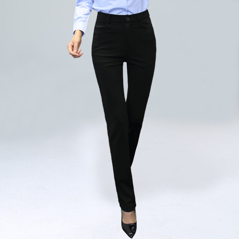 秋冬女士职业弹力直筒正装裤松紧腰工装大码工作裤上班加绒西服裤