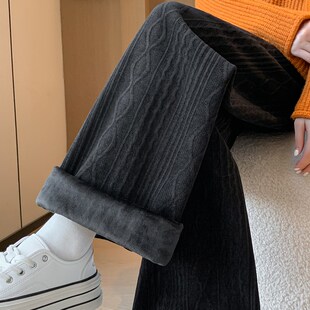 灰色加绒麻花纹阔腿裤女秋冬高腰垂感显瘦宽松休闲直筒雪尼尔裤子