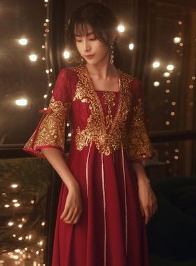 孕妇敬酒服新娘酒红色结婚礼服女大码胖mm长款中式婚服婚礼礼服