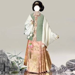 梦桑塔明制汉服新款冬季加绒短袄加厚大码绿色系粉色马面裙织金女