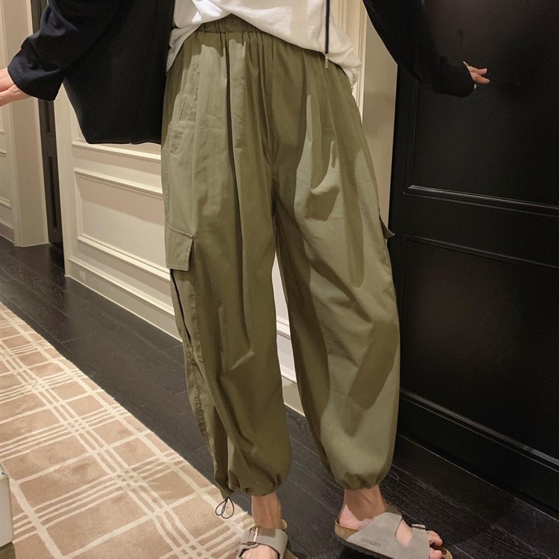 徐蹦蹦 洋气炸 日系夏季百搭宽松军绿束脚工装裤女直筒休闲阔腿裤