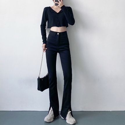 春季新款高腰弹力开叉微r喇叭黑色加绒牛仔裤女显瘦加长拖地裤子
