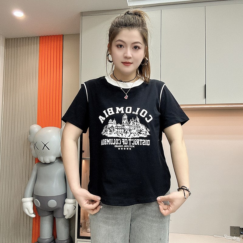 2025大码女装夏季新款短袖t恤胖mm时尚百搭圆领正V肩显瘦宽松上衣